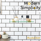 KOKOSIRI Floating Wall Shelf 16-Inch Bathroom Tempered Glass Shelves Shower Rack Kitchen Storage Home Decor, 2 Pack Gold Stainless Steel B1107BG-L16-P2