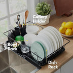 Space-Saving 3-Piece Dish Drainer Rack Set with Cutlery Holder - Maximize Countertop Space, Black