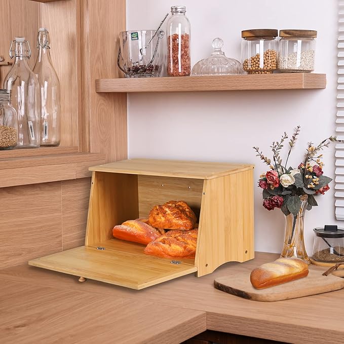HOMEKOKO Vintage Large Wood Bread Box for Kitchen Counter, Retro Design Single Layer Bamboo Large Capacity Food Storage Bin (Natural Bamboo)