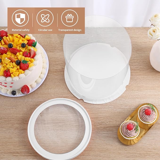 JCD 6Pcs 8.5 * 9.5inch Round clear cake boxes with Ribbon,Ideal for 7inch and 6inch Tall Layer Tiered Cakes,Multi-Layer cake boxes for Christmas Bakery Treat (box, Clear Lid, Round 8.5inch/6Pcs)
