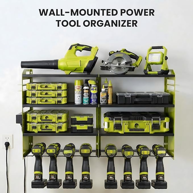 4-Tier Heavy Duty Power Tool Organizer with 4-Outlet High-Power Strip, 600lbs Capacity Reinforced Steel Drill Rack, High-Visibility Fluorescent Green Wall Mount Storage for 20V/60V Max Battery Systems