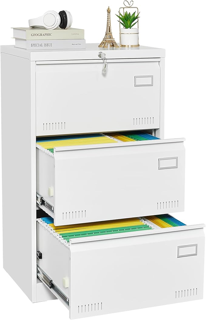 3 Drawer Lateral File Cabinet with Lock and Card Holder, Multifunctional Metal Filing Cabinets w/Heavy 3 Section Slide Rail & Breathable Holes,for Legal/Letter/A4,White