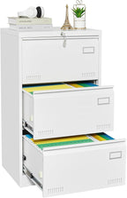 3 Drawer Lateral File Cabinet with Lock and Card Holder, Multifunctional Metal Filing Cabinets w/Heavy 3 Section Slide Rail & Breathable Holes,for Legal/Letter/A4,White