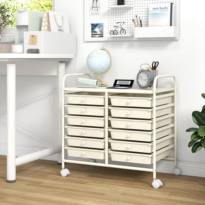 GOFLAME 12-Drawer Rolling Storage Cart, Multifunctional Art Craft Organizer Cart, Mobile Utility Storage Cart with Removable Drawers & Lockable Wheels, Craft Cart for Home Office School, White