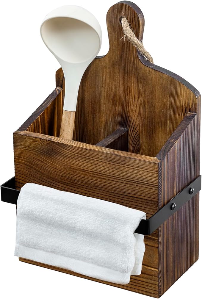 MyGift Rustic Wall Mounted Solid Wood Utensil Holder with Towel Bar – Cutting Board Style Kitchen Organizer Rack for Cooking Tools, Hanging Storage, and Dish Towels
