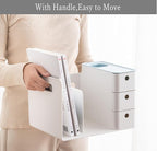 White Plastic Desktop Organizer with File Holder,3-tier Drawers with Pen Holder,Book Stand for Office Supplies and Desk Accessories (White+Blue)
