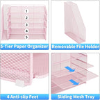 OPNICE Desk Organizer, 5-Tier Paper Organizer Letter Tray with Magazine Holder, Office Desk Accessories & Workspace Organizers, Desktop File Organizer for Office Supplies Storage, Pink