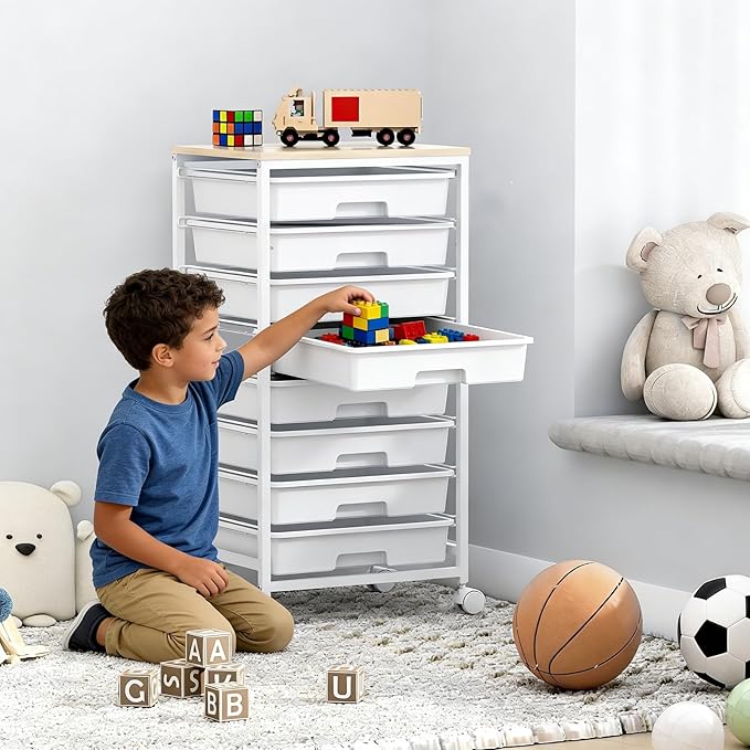 Rolling Storage Cart with Drawers,Utility Cart With 8 Drawers and Wooden Tabletop,Rolling Drawer Cart,Storage Drawer Cart for Living Room,Classroom,Bedroom,Bathroom,Dorm,Office,White