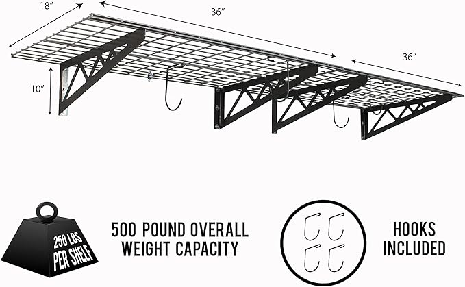 SafeRacks Garage Wall Shelves - 2-Pack 18"x36" Mountable Shelving Units for The Garage, Pantry or Utility Closet, Heavy Duty Steel Shelf with Bike Accessory Hooks, 500lb Capacity, Color: Hammertone
