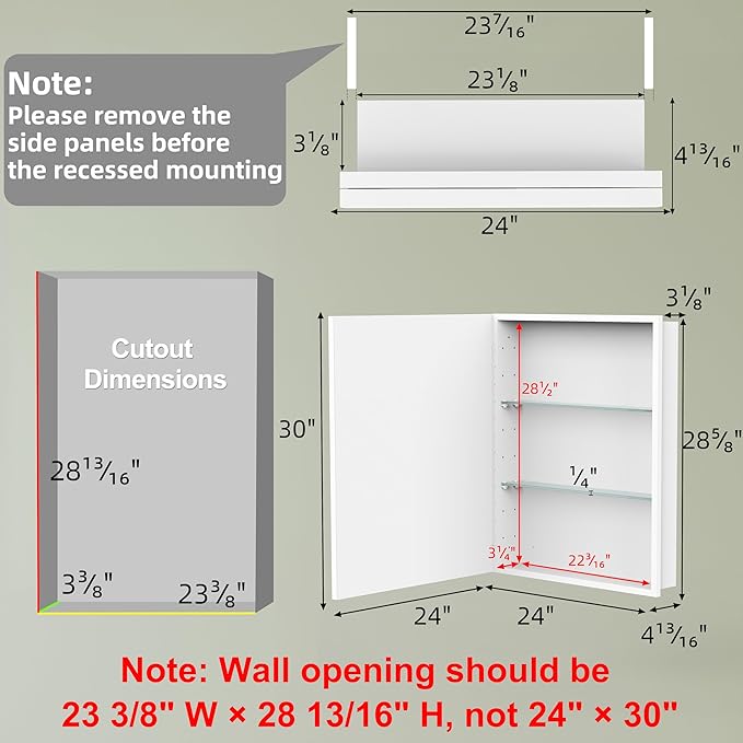 Buruis 24" x 30" Framed Medicine Cabinet with Mirror, Recessed or Wall Mounted Bathroom Cabinet, Adjustable Tempered Glass Shelves, Left/Right Open Reversible, No Assembly Required, White