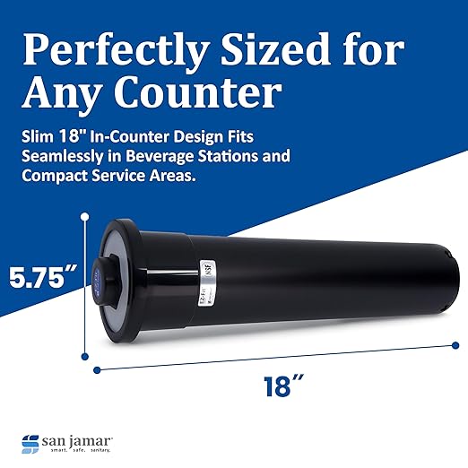 San Jamar One-Size-Fits-All Ez-Fit In-Counter Cup Dispenser Fits 8-46 Oz Cups with Interchangeable Gaskets for Restaurants, Dining Halls, and Fast Food, Plastic, 18 Inches, Black