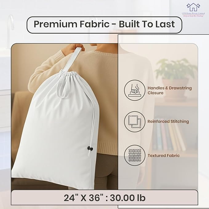 LFH Home Cotton Canvas Large Laundry Bag with Handle, Heavy Duty Drawstring Closure Washable Laundry Bags, School Travel, Home, Hotel, College Dorm, Organizer Sack, Toy Clothes 24x36 (Pack of 6)-White