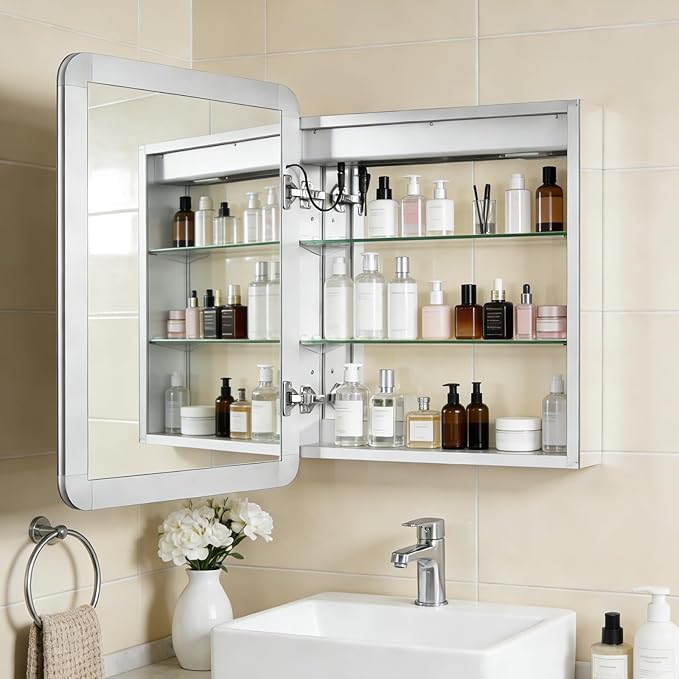 22 x 28 LED Bathroom Medicine Cabinet, Rounded Corner Aluminum Frame Lighted Mirror Cabinet with 3-Color Dimmable Lighting, Memory Function & Anti-Fog, Recessed or Surface Mount Installation