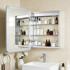 22 x 28 LED Bathroom Medicine Cabinet, Rounded Corner Aluminum Frame Lighted Mirror Cabinet with 3-Color Dimmable Lighting, Memory Function & Anti-Fog, Recessed or Surface Mount Installation