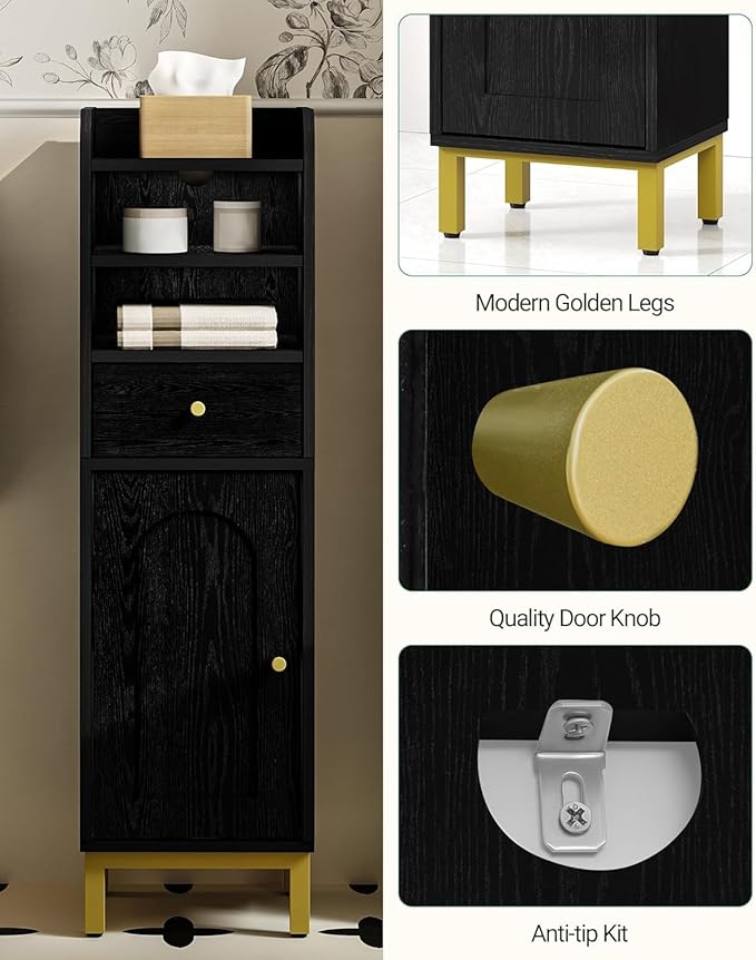 Bathroom Storage Cabinet, Corner Floor Cabinet with Drawers and Doors, Narrow Toilet Paper Holder, Bathroom Organizer with Adjustable Shelf, for Small Spaces, Black BC29804G