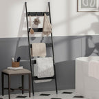 Blanket Ladder, 5-Tier Towel Holder with 4 Removable Hooks, Farmhouse Wall Leaning Decorative Rack Shelf, Wooden Towel Display Rack, Quilt Ladder for Living Room, Bedroom, Black