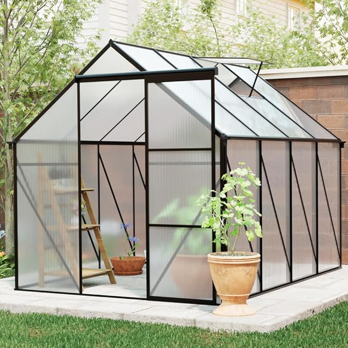 6 ft x 8 ft Aluminum Frame Greenhouse for Outdoor Use with Sloped Roof and Sliding Door for Garden Plant Protection (Black 6 * 8FT)