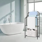 HarJue Towel Racks for Bathroom, 35" H Standing Towel Holder 3 Tier Metal Pool Towel Hanger Outdoor Floor with Storage Shelves for Blanket Bath Towel Drying (Matte Black)
