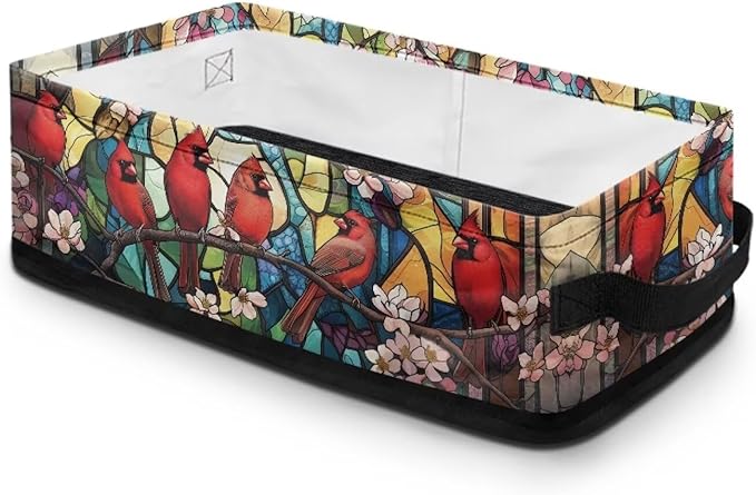Toilet Paper Storage Basket for Organizing Collapsible Storage Bin Organizer Fabric Basket with Handles for Bathroom Essentials Cosmetics, American Cardinal Red Bird Stained Glass Flower
