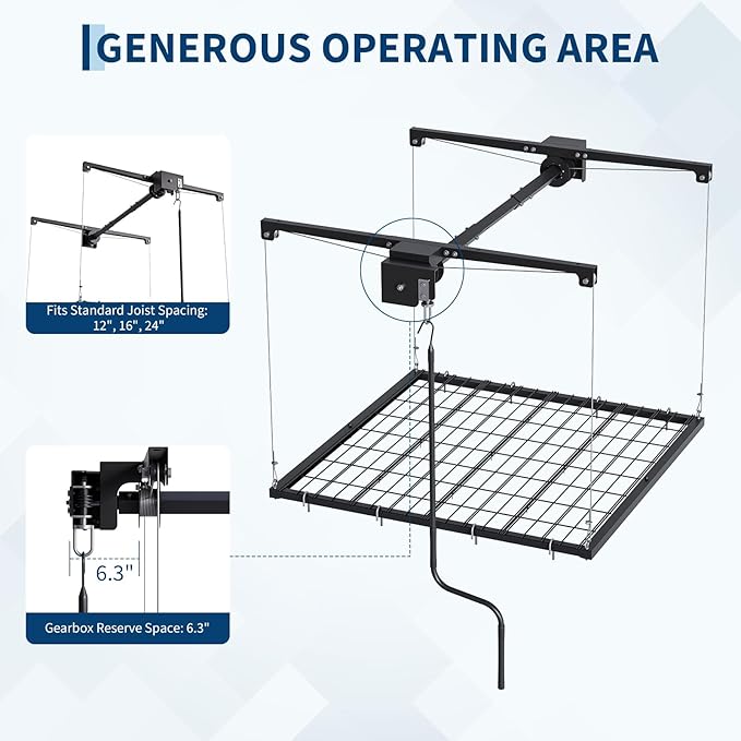 Overhead Garage Storage Rack, Heavy Duty Adjustable 4x4 ft Ceiling Mounted Storage Racks, 350 Lb Capacity Overhead Garage Storage Rack with Manual Safety Lock for Garage Ceiling Storage