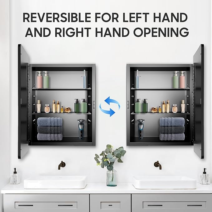 Medicine Cabinet with Mirror, 16x22 inch Black Recessed Medicine Cabinet or Surface Wall Mount Bathroom Cabinets with Adjustable Shelves Metal Framed Mirror, Rounded Rectangle Storage Cabinet