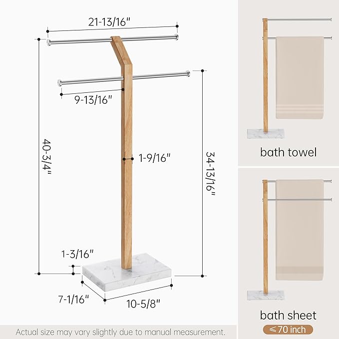 KES Width Adjustable Free Standing Towel Rack with 3X Thicker Weighted Natural Marble Base, 2-Tier Wooden Towel Rack Stand for Bathroom Floor, 18/8 Stainless Steel, Brushed Finish, BTH800-2