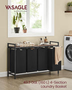 VASAGLE Laundry Hamper, Laundry Basket, Laundry Sorter with 4 Pull-Out and Removable Bags, Shelf, Metal Frame, 4 x 10.6 Gallons (40 L), 45.7 x 13 x 28.4 Inches, Ink Black and Rustic Brown UBLH401B01