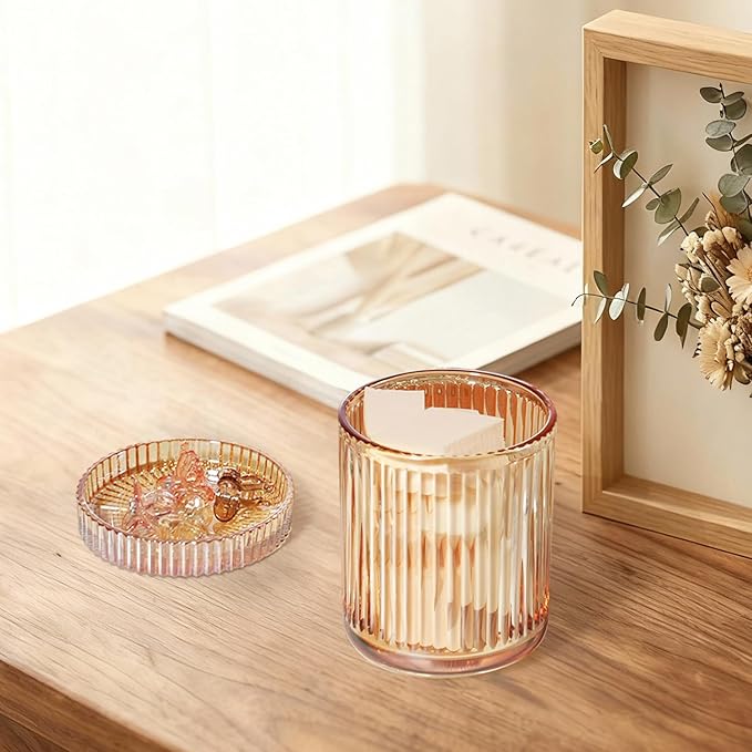 SheeChung Amber Glass Apothecary Jars 2-Pack - Vintage Sunburst Bathroom Organizer & Storage Set - Qtip Holder Dispenser, Vanity Canister for Cotton Swabs, Balls, Pads - Luxury Modern Farmhouse Decor