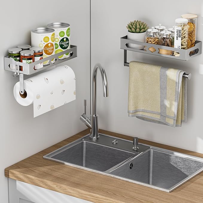 Stylish Kitchen Paper Towel Holder with Shelf - Adhesive Hand Towel Holder for Bathroom Wall Mount, Rust-Resistant Matte Grey Finish for RV Toilet Paper Holder Rack, Easy One-Handed Operation Design
