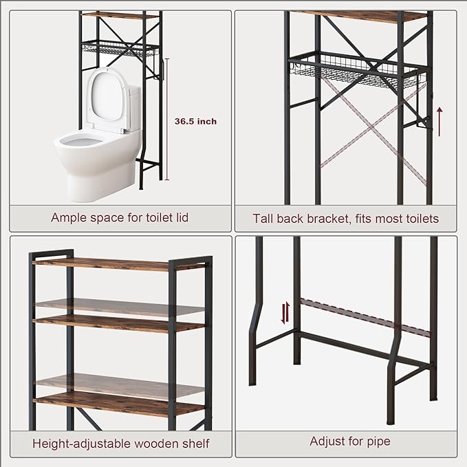 Over The Toilet Storage Rack, 4-Tier Bathroom Organizers and Storage with Adjustable Shelf, Freestanding Above Toilet Shelves for Bathroom & Laundry, Space Saver, Brown