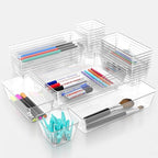 25 Piece Clear Drawer Organizer Set, 4 Sizes Bathroom Vanity Organizer Trays and Storage Bins for Makeup, Cosmetics, Jewelry, and Gadgets. Perfect for Office, Kitchen, Bedroom, Bathroom Use.