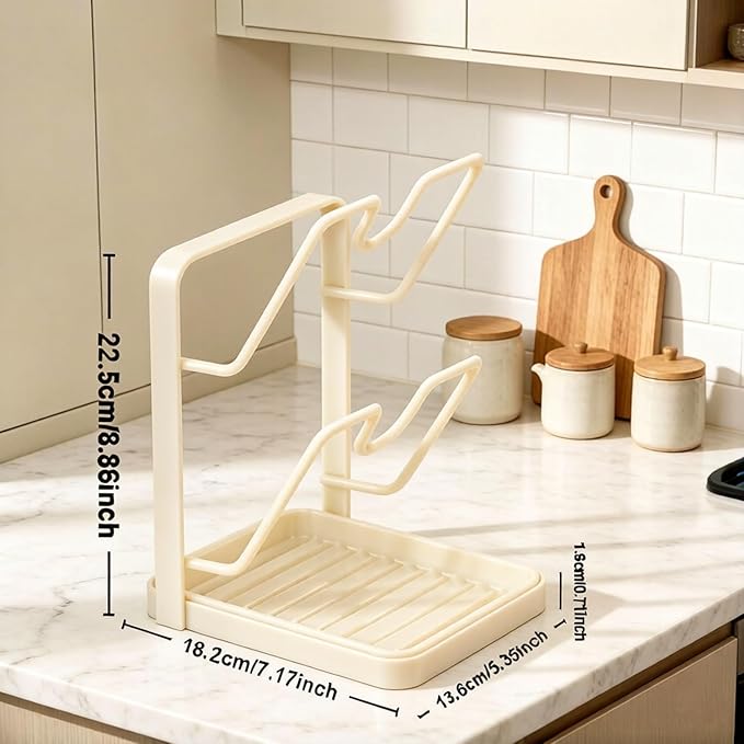 Kitchen Pot Lid Storage Rack,Countertop Pot Lid Holder With Spoon Rest,Multifunctional Pot Lid Organizer with Removable Drip Tray for Countertop Kitchen Space Tidy (White, One Layer)