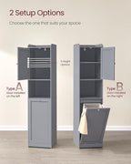 VASAGLE Tall Storage Cabinet, Storage Unit with Removable Laundry Basket, Compartment and Cabinet, for Bathroom, Living Room, 15.8 x 15.8 x 66.9 Inches, Dove Gray UBBC761G02