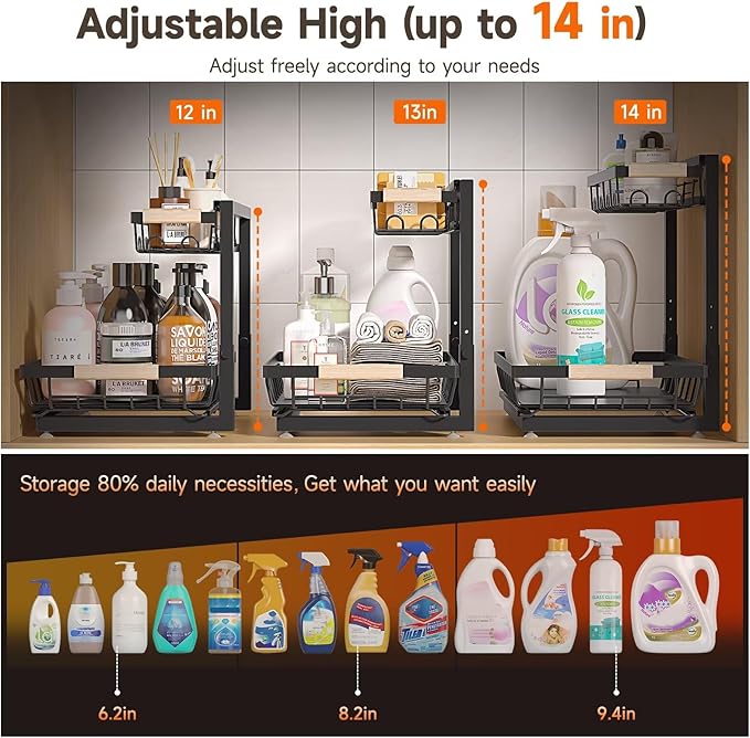 2 Packs Under Sink Organizer, Height Adjustable 2 Tier Under Kitchen Sink Organizer, Multi-Purpose Storage Shelf for Kitchen Bathroom Cabinet (Black, Extra Large)
