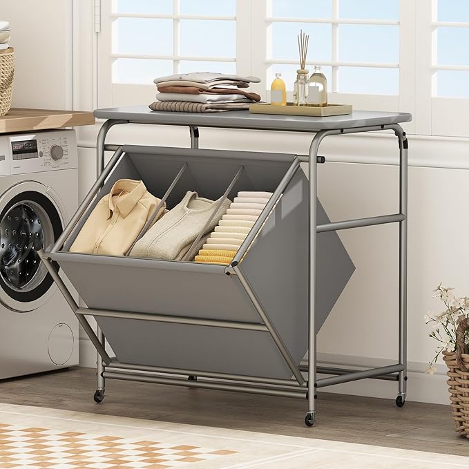 Giantex Laundry Sorter with Foldable Ironing Board, 3 Section Tilt Out Laundry Hamper with Removable Bags, Heavy-Duty Rolling Laundry Cart with Lockable Wheels for Bathroom Bedroom, Grey