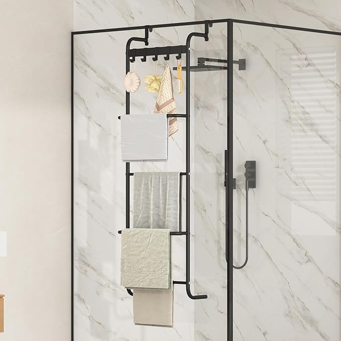 5 Tier Over The Door Towel Racks for Bathroom Wet Towel Drying Rack Clothing Storage Holder with Hooks (Black, 5 Tier)