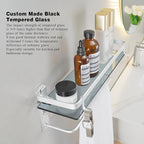 VOLPONE Glass Shelf for Bathroom 15.7 in Bathroom Shelves with Towel Bar Tempered Glass Shelves with 4 Removable Hooks for Wall（2 Tier）