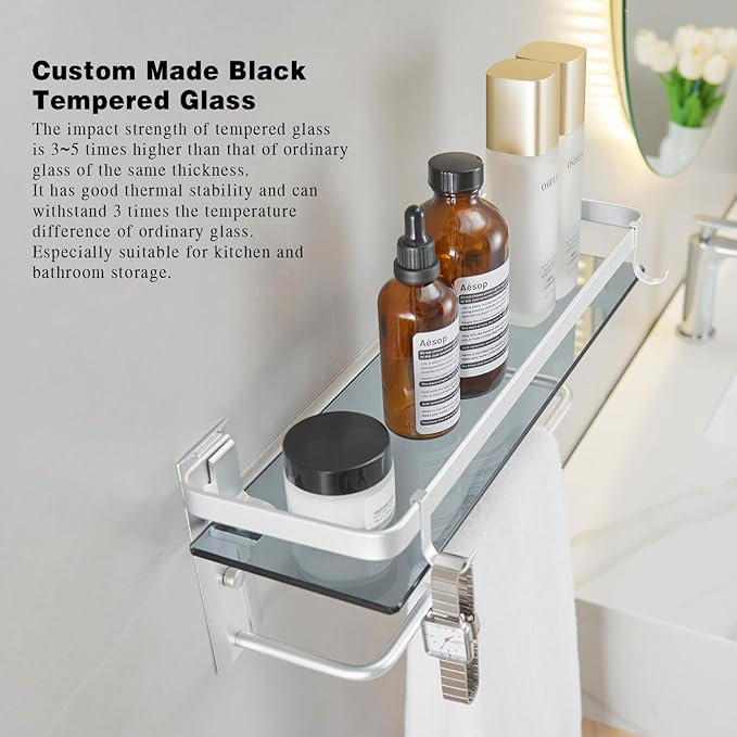 VOLPONE Glass Shelf for Bathroom 15.7 in Bathroom Shelves with Towel Bar Tempered Glass Shelves with 4 Removable Hooks for Wall（2 Tier）