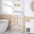 Over The Toilet Storage with 2 Baskets, 4-Tier Bamboo Organizer Rack with Paper Holder & 4 Hooks & Waterproof Feet Pad,Freestanding Shelf for Bathroom(White)