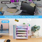 Desk Organizer, 5-Tier Paper Letter Tray Organizer with File Holder, Drawer and Pen Holder, Desktop Organizer for Office Supplies, Purple
