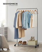SONGMICS Clothes Rack with Wheels, Clothing Rack for Hanging Clothes, 25.4 mm Metal Garment Rack with Dense Mesh Storage Shelf, 110 lb Load Capacity, 2 Brakes, Gray UHSR025G01