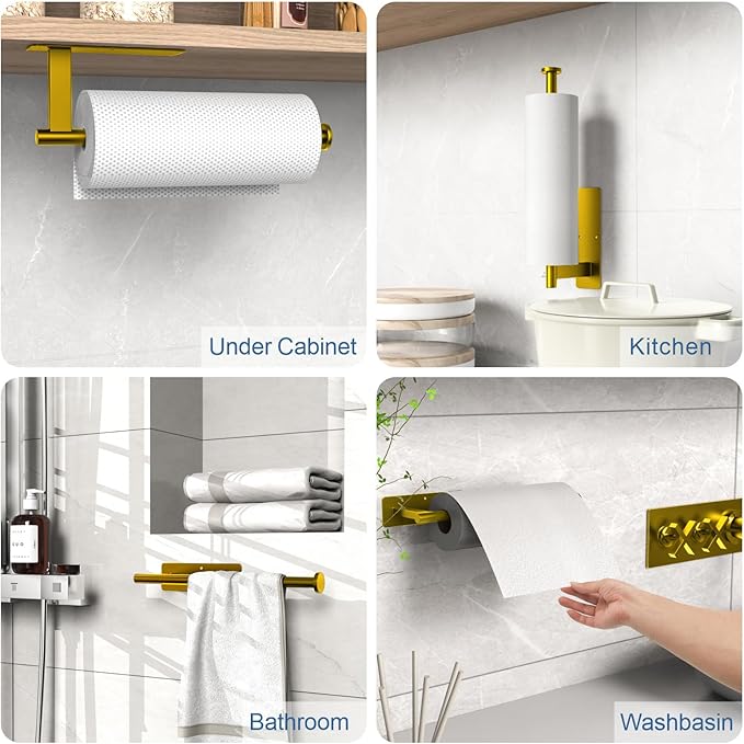 Paper Towel Holder Under Cabinet, Upgraded Adhesive Paper Towel Holder Wall Mount for Kitchen, Bathroom, RV, Bend-Resistant, Self-Adhesive or Drill mounting, Stainless Steel, Gold