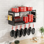 31 Inch Pot Rack Wall Mounted，3 in 1 Pots and Pans Organizer with 2 tier Kitchen Racks & Pot Lid Organizer Holder and 20 Hooks,Heavy Duty Hanging Pot Hanger for Kitchen Cookware, Utensils, Black