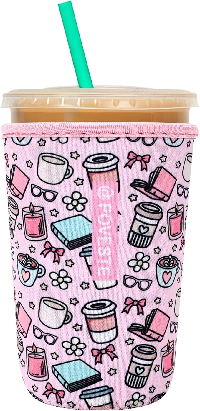 Reusable Neoprene Insulator Sleeve for Iced Coffee & Cold Soda, Coffee Sleeves for Iced & Hot Drinks, Cold Beverage Cooler Compatible with Starbucks, Dunkin (Coffee Break, Medium: 22-24oz)