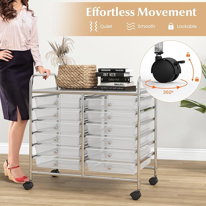 GOFLAME 12-Drawer Rolling Storage Cart, Multifunctional Art Craft Organizer Cart, Mobile Utility Storage Cart with Removable Drawers & Lockable Wheels, Craft Cart for Home Office School, Clear