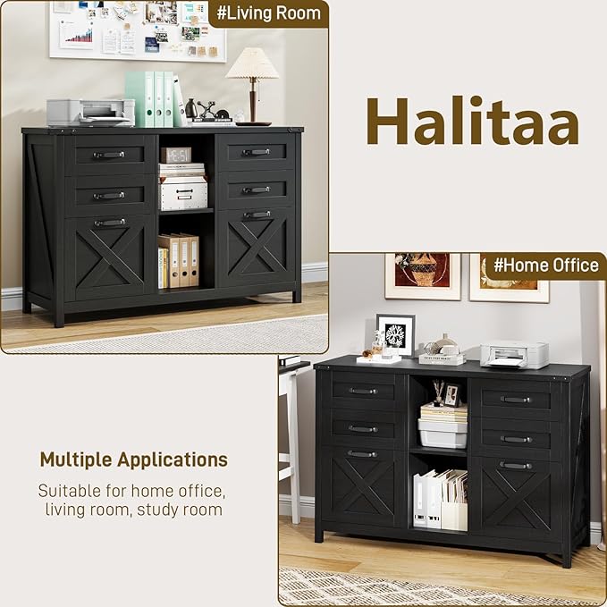 Lateral File Cabinet with 6 Drawers, Farmhouse Filing Cabinet for Letter/A4 Size, Wood File Storage Cabinets Printer Stand with Open Storage Adjustable Shelf for Home Office Cabinets, Rustic Black