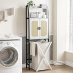 Over The Toilet Storage Cabinet with Rattan Doors, Bathroom Organizer with Adjustable Shelf, Metal Frame & Anti-Tip Device, Space-Saving Wood Cabinet for Bathrooms, Laundry Room, White