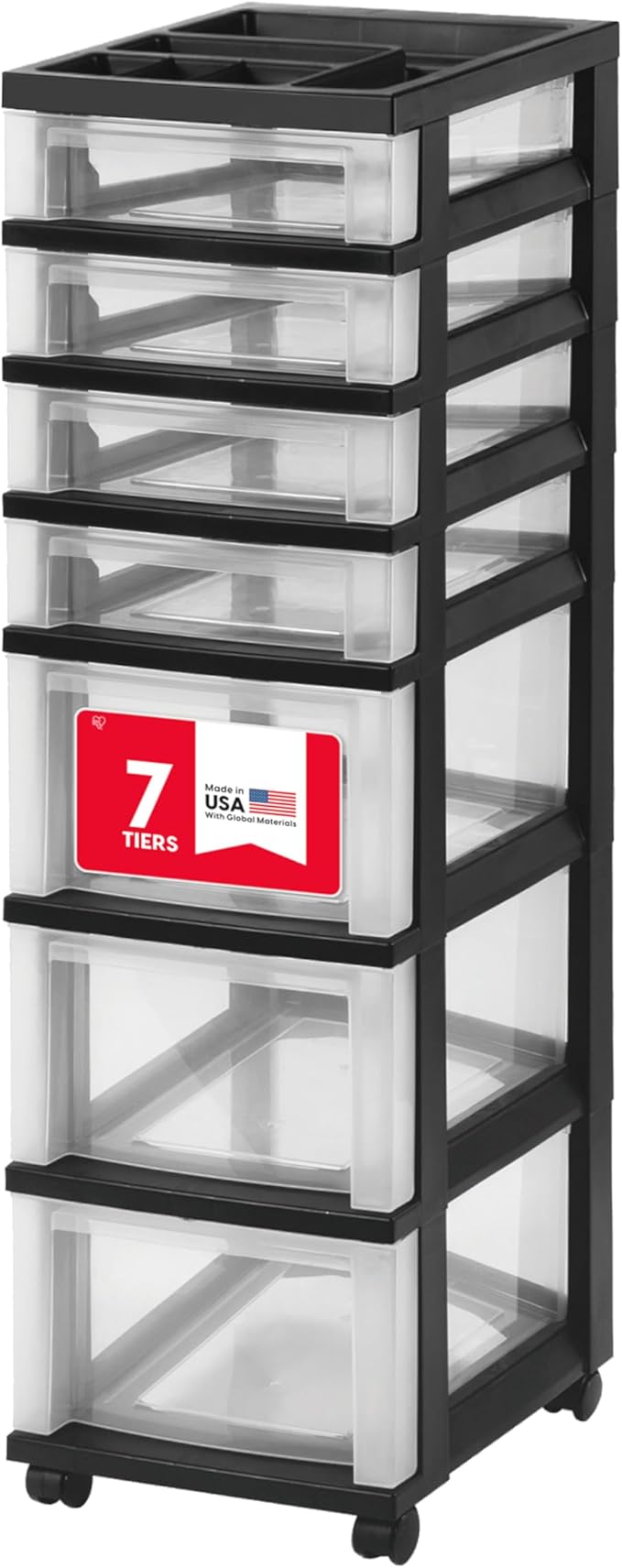 IRIS USA Plastic Drawer Storage Organizer Rolling Cart, with Wheels Casters, 7-Drawers, for Classroom Art Craft Supplies Dresser Closet Bathroom Laundry Room, Black/Clear