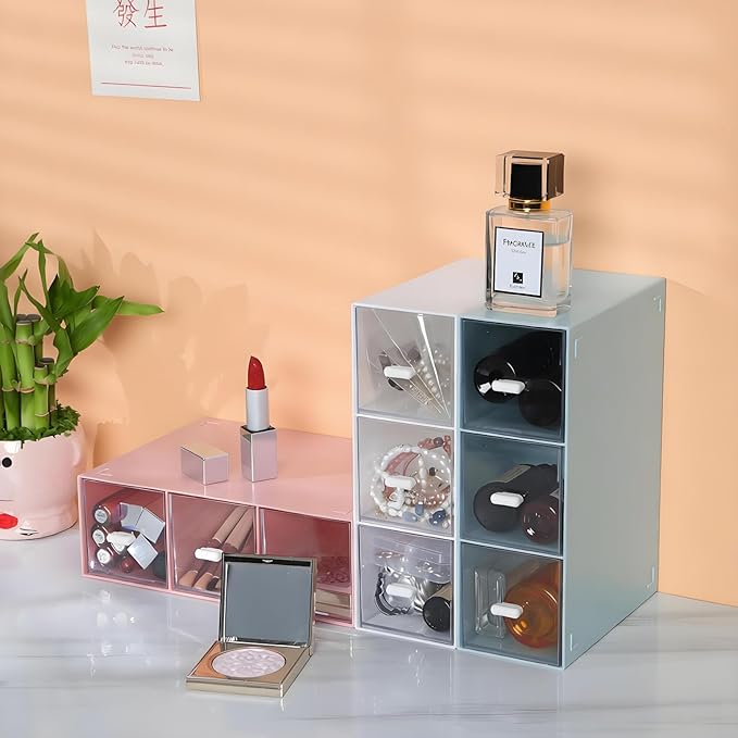 Desktop Drawers, Desk Organizer with 3 Drawers, Stackable Plastic Storage Box for Home Collection, Cosmetics, Jewelry, Office Supplies (1 Tall Layer, Blue)