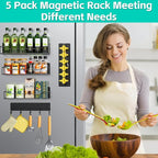 5 Pack Multifunctional Magnetic Shelves for Refrigerator Spice Rack & Washing Machine Organize, Include Towel Rack, Kitchen Utensil Hanger and Hooks, Strong Magnet for Secure Hold (Line style, Black)
